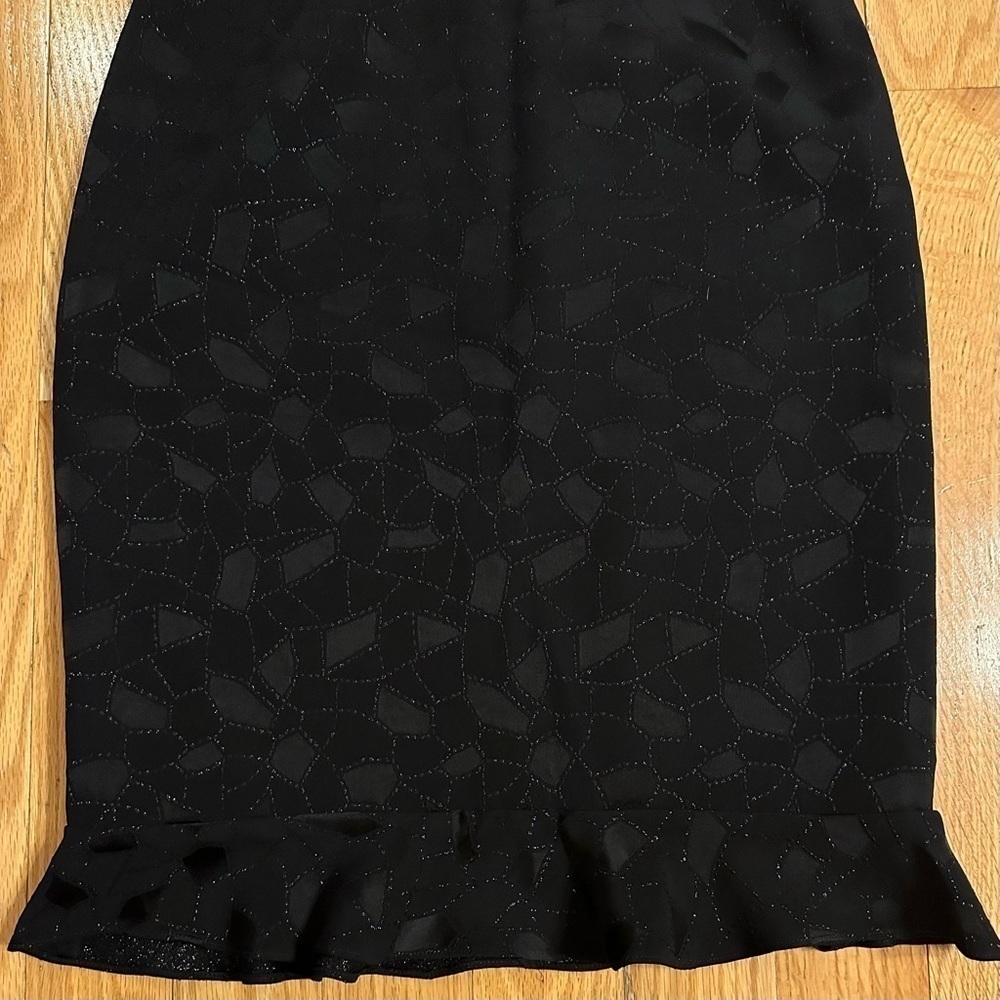 David Meister Black Mosaic Print Pattern Mixed Material Pencil Skirt Ruffle Sz 2